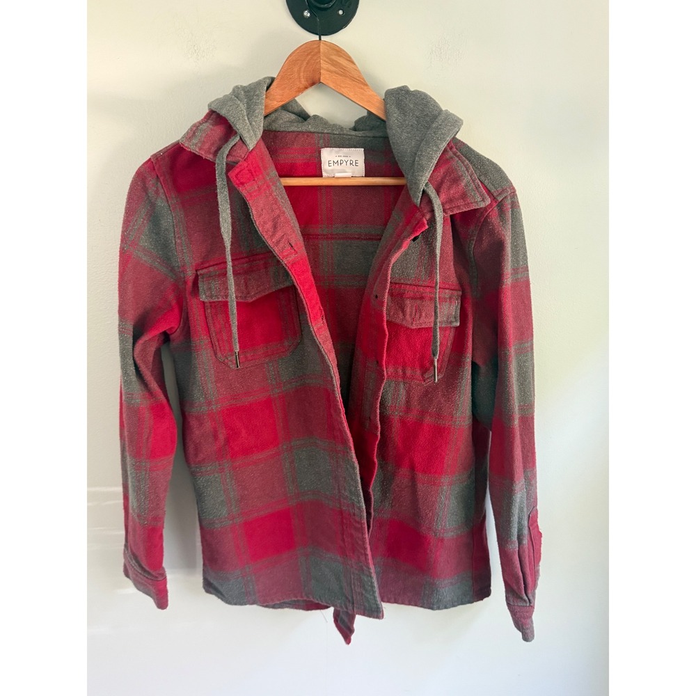 Empyre Hooded Flannel Shirt Red Grey Plaid Button Up Hoodie Jacket Womens Large